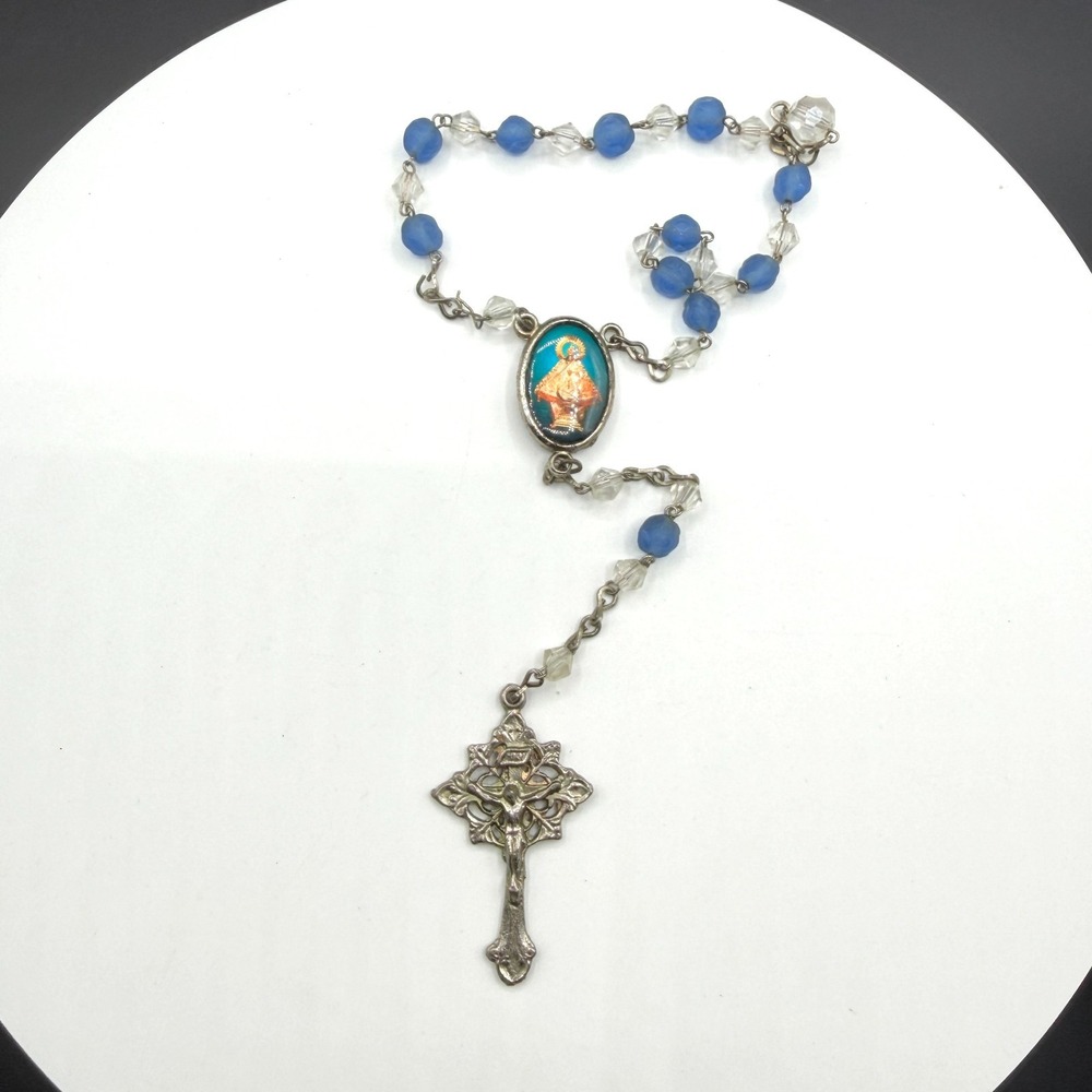 ITALY Catholic Rosary Blue Bead Virgin Mary Medal Crucifix Religious Prayer Gift